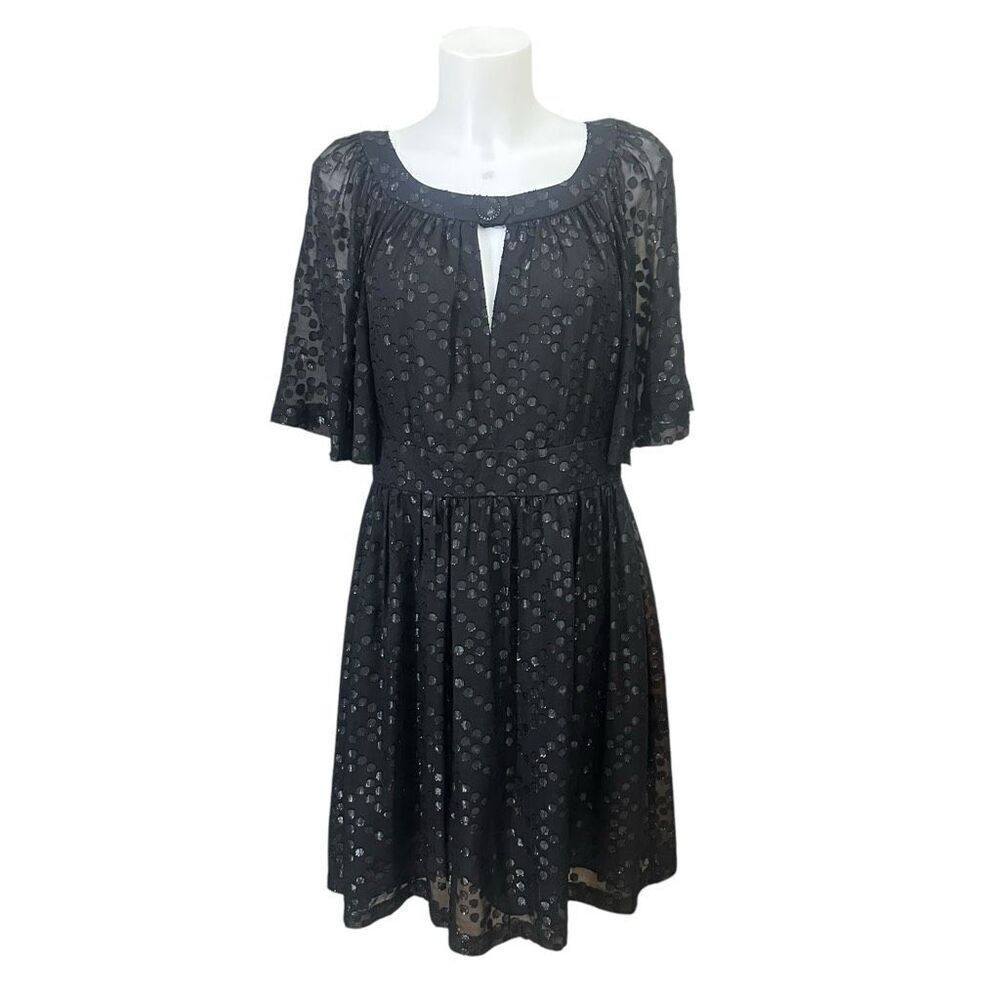 Trina Turk Black Dots SILK Flutter Sleeve Fit &‎ Flare Dress Knee Length sz 12